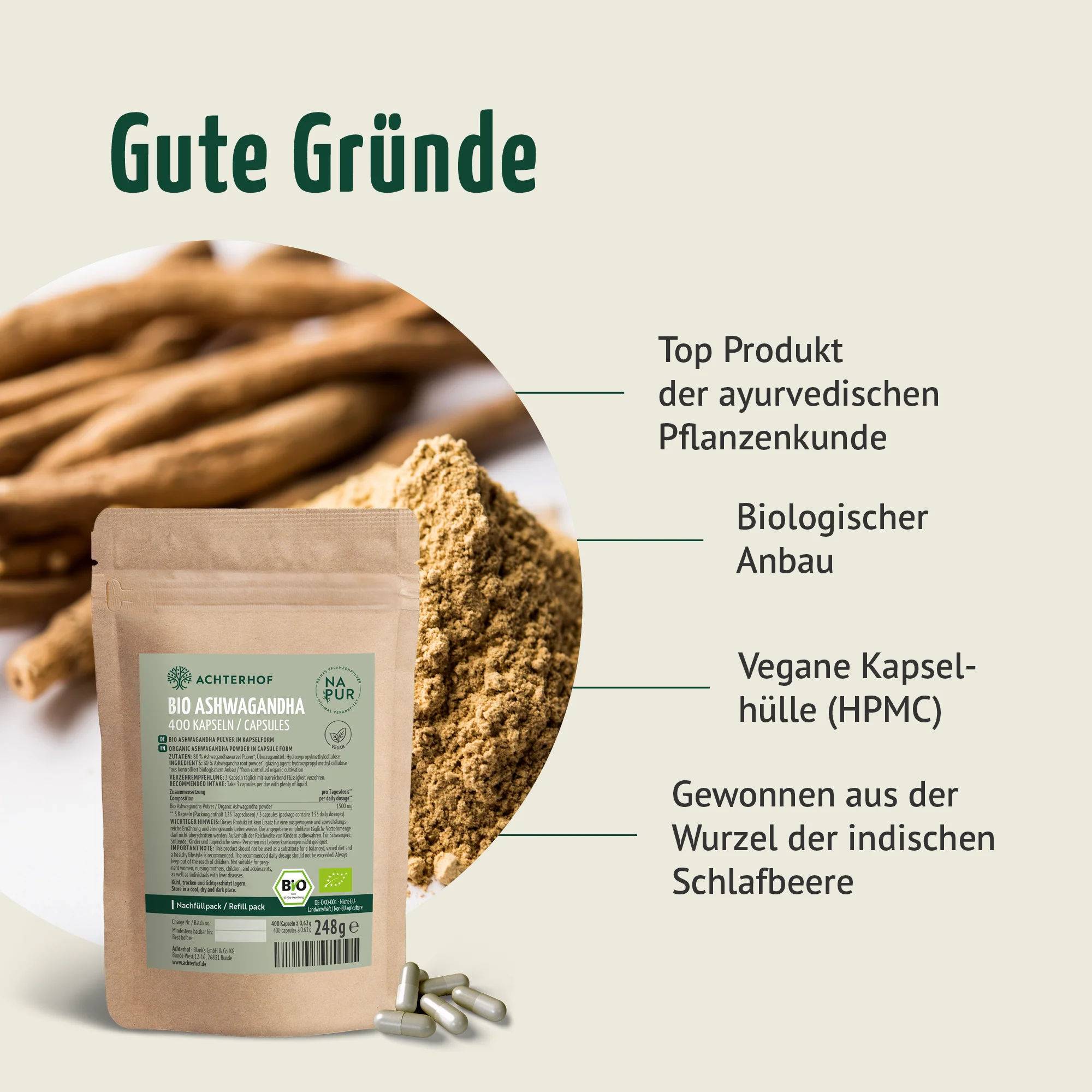 Bio Ashwagandha Kapseln Nachfüllpack (400 Kapseln) - Image 3
