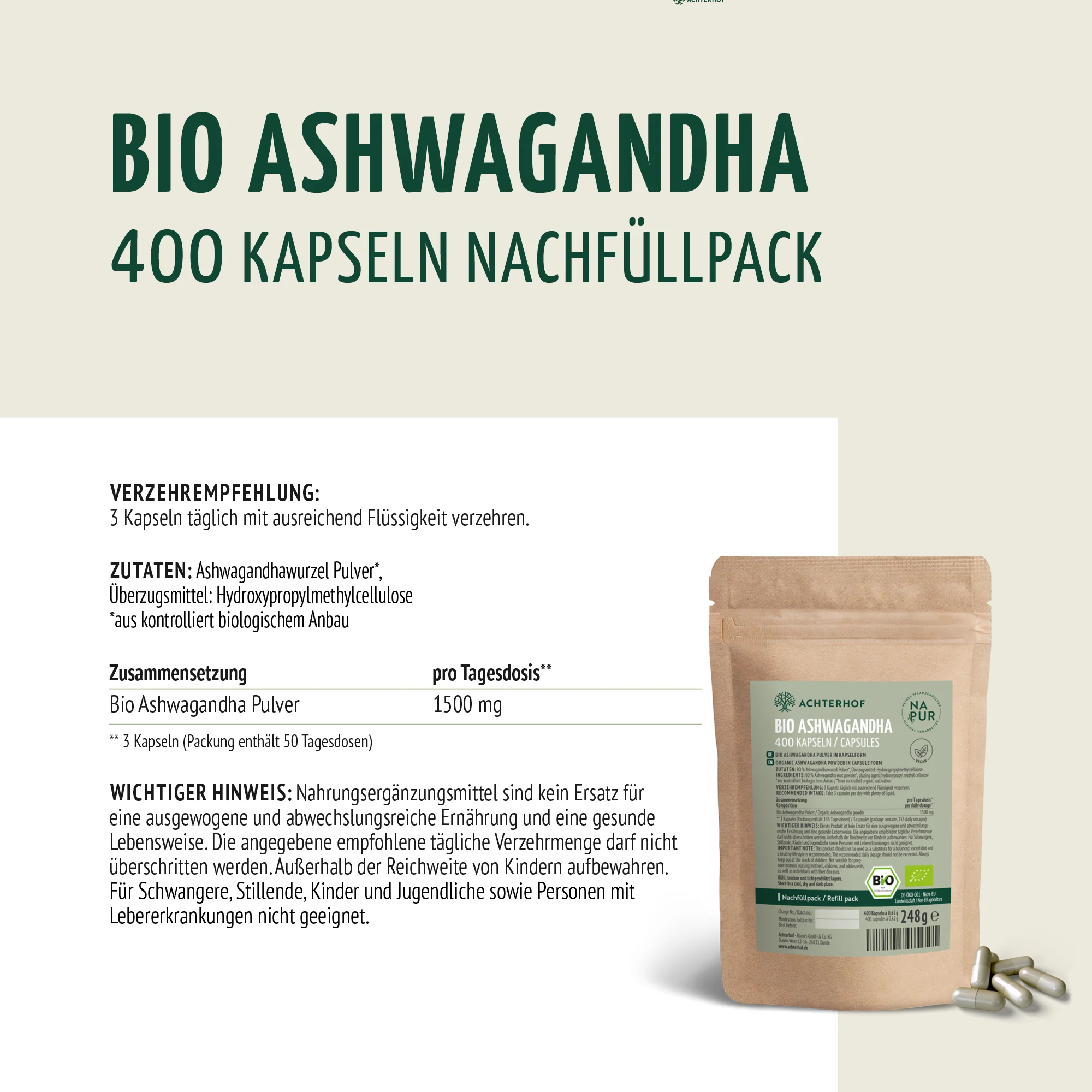 Bio Ashwagandha Kapseln Nachfüllpack (400 Kapseln) - Image 8