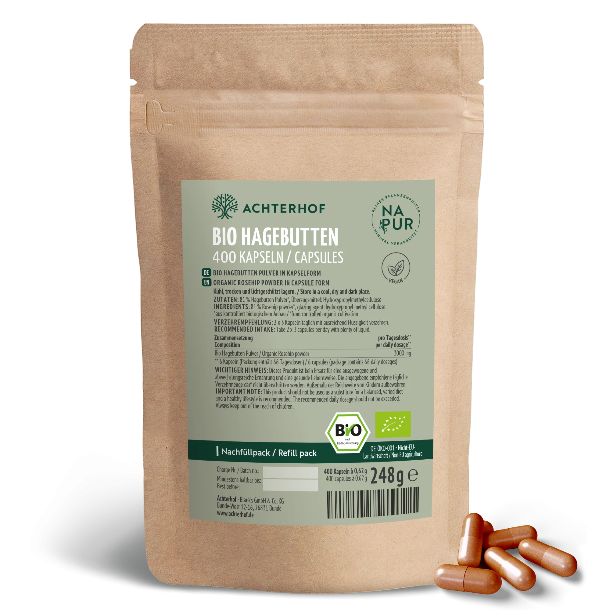 Bio Hagebutten Kapseln Nachfüllpack (400 Kapseln)