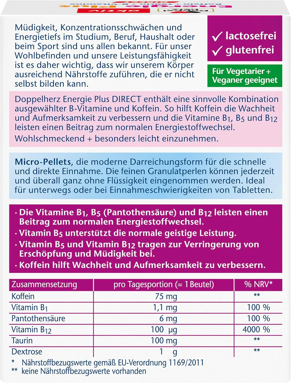 Energie Plus Koffein + Taurin + B-Vitamine Direct (20 Portionsbeutel) - Image 2