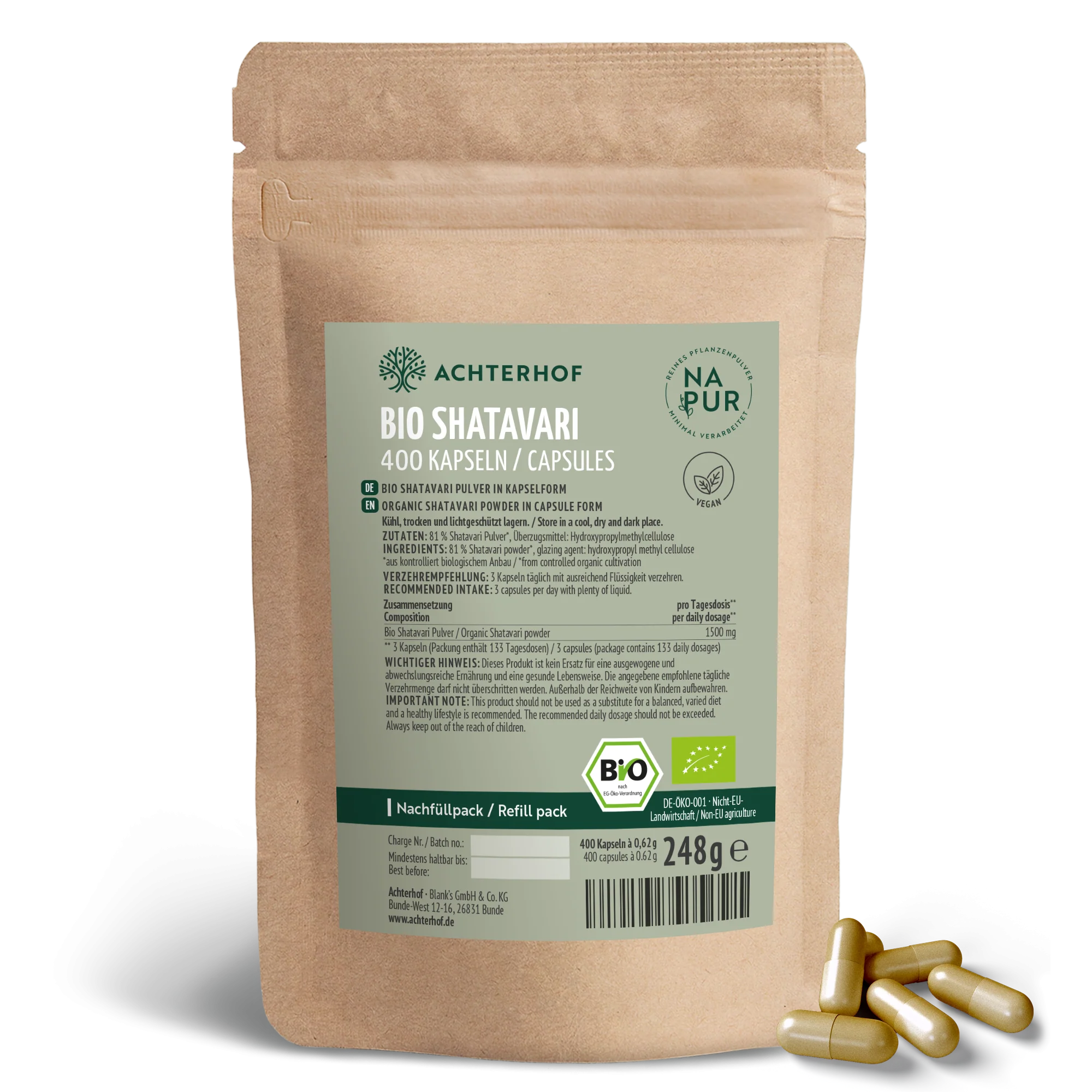 Bio Shatavari Kapseln Nachfüllpack (400 Kapseln)