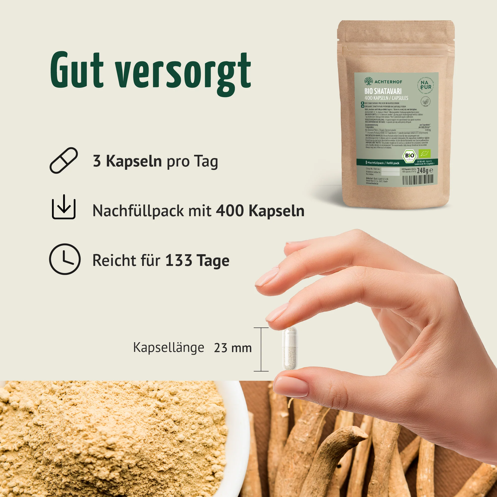 Bio Shatavari Kapseln Nachfüllpack (400 Kapseln) - Image 5